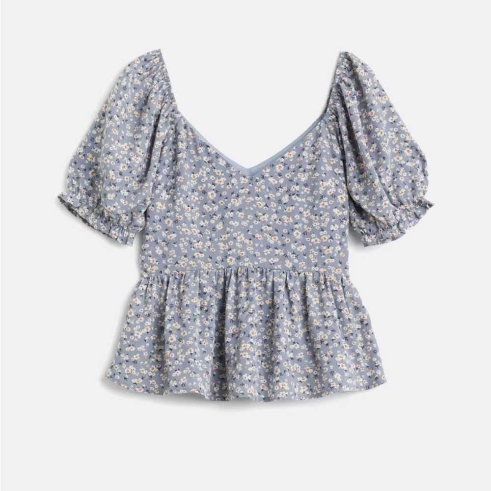 Floral Blue Puff Sleeve Pia Peplum Blouse
